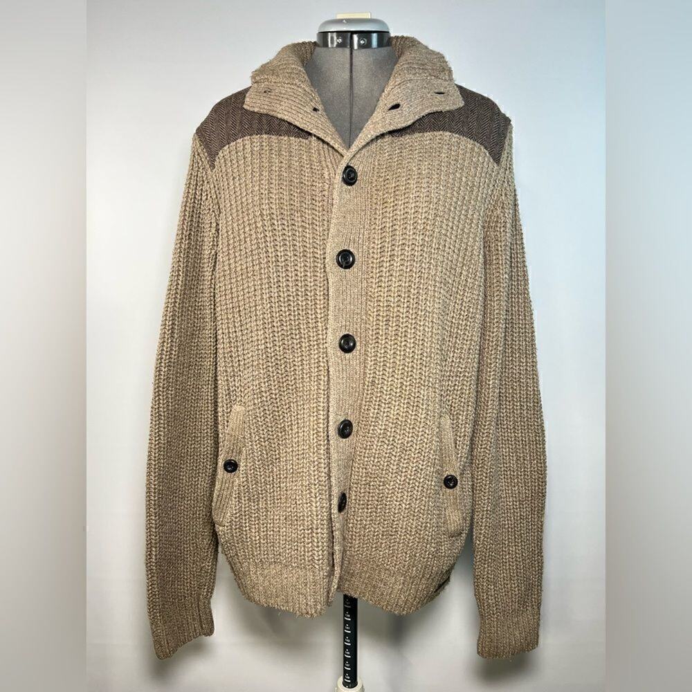 Ted Baker Wool Blend Ribbed Knit Cardigan Tan Elbow Patch Mens XL Size 5